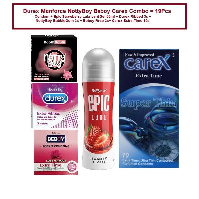Picture of Durex Manforce NottyBoy Beboy Carex Combo = 19Pcs Condom + Epic Strawberry Lubricant Gel 50ml + Durex Ribbed 3s + NottyBoy BubbleGum 3s + Beboy Rose 3s+ Carex Extra Time 10s