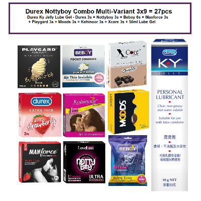 Picture of Durex Nottyboy Combo Multi-Variant 3x9 = 27pcs + Durex Ky Jelly Lube Gel - Durex 3s + Nottyboy  3s +  Beboy 6s + Manforce 3s + Playgard 3s + Moods 3s + Kohinoor 3s + Xcore 3s + 50ml Lube Gel
