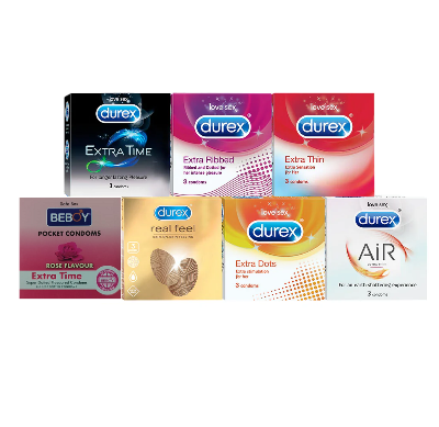 Picture of Durex Closer Sensation Combo Pack of 3x7 = 21Pcs Condom - Real Feel 3s, Air 3s, Extra Dots 3s, Extra Ribbed 3s, Extra Thin 3s, Beboy Rose 3s, Extra Time 3s