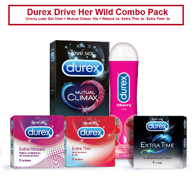 Picture of Durex Drive Her Wild Combo Pack - Cherry Lube Gel 50ml - Mutual Climax 10s + Ribbed 3s, Extra Thin 3s, Extra Time 3s