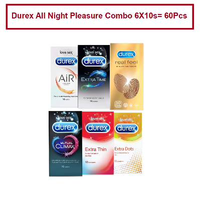 Picture of Durex All Night Pleasure Combo Pack of 10 X 6 = 60Pcs Condom - Extra Dots , Extra Thin, Extra Time, Mutual Climax , Real Feel and Air