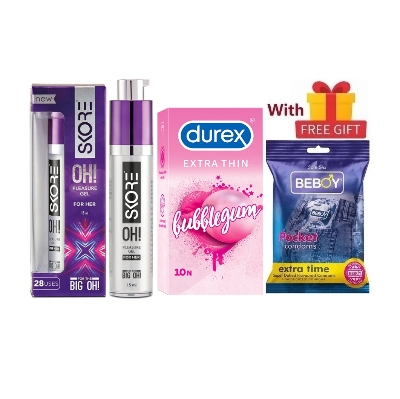 Picture of Durex Him & Her Combo = 13Pcs Condom + Durex Extra Thin BubbleGum 10s + Skore OH Pleasure Gel for Women 15ml + Beboy Extra Time Paan 3s + Free Gift