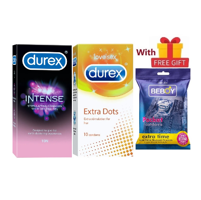 Picture of Durex Pouncing Combo = 23Pcs Condom + Durex Intense 10s + Durex Extra Dots 10s + Beboy Extra Time Paan 3s + Free Gift