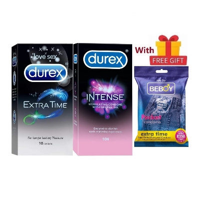 Picture of Durex Missionary Combo = 23Pcs Condom + Durex Intense 10s + Durex Extra Time 10s + Beboy Extra Time Paan 3s + Free Gift