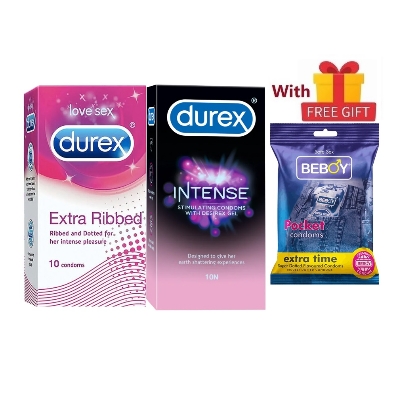 Picture of Durex PureGuard Combo = 23Pcs Condom + Durex Extra Ribbed 10s + Durex Intense 10s + Beboy Extra Time Paan 3s + Free Gift