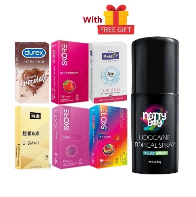 Picture of Durex Lifestyle Combo 6x10 = 60Pcs + Durex Chocolate 10s + Skore Strawberry 10s + Dots 10s + Shades 10s + G Small 10s + Beboy Air Invisible 10s + Nottyboy Delay Spray + Free Gift