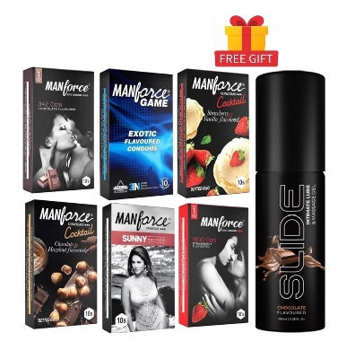 Picture of Manforce Nottyboy Combo 6x10 = 60Pcs Condom + Nottyboy Chocolate Lubricant Lube Gel + Manforce Chocolate 10s + Game 10s + Cocktail Strawberry + Chocolate 20s + Sunny 10s + Strawberry 10s