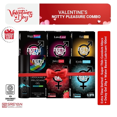Picture of NottyBoy Valentine's Notty Pleasure Combo Pack =  Nottyboy Condom 50Pcs + Nottyboy Delay Gel 20g + Lubricant Gel 100ml - Extra Time, Extra Ribbed, Dots, Ultra Slim - With Gift