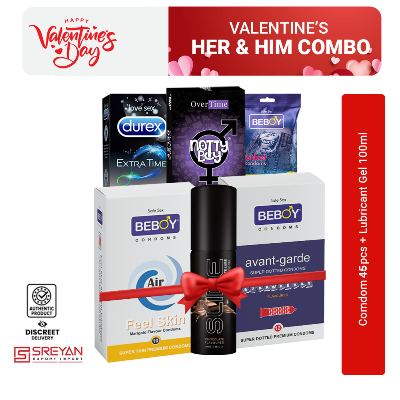 Picture of Valentine's Him & Her Combo - Condom - Lubricant Gel - Multi-Variant - Nottyboy Over Time 10s + Beboy Extra Thin & Dot 25Pcs + Durex Extra Time 10s + Nottyboy Chocolate 100ml Lube Gel 1PCS