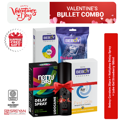 Picture of Valentine's Surprise Bullet Combo - Condom - Lube Gel - Delay Spray Combo Multi-Variant - Nottyboy + Beboy + 25Pcs Condoms + 100ml Lube Gel 1PCS + Nottyboy Delay Spray 1Pcs - With  Gift