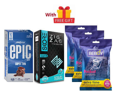 Picture of Manforce SafeChoice Combo = 29 Pcs Condom + Manforce Epic Super Thin 10s + Skore Zig Zag 10s + Beboy Big Dotted Paan 9s+ Free Gift