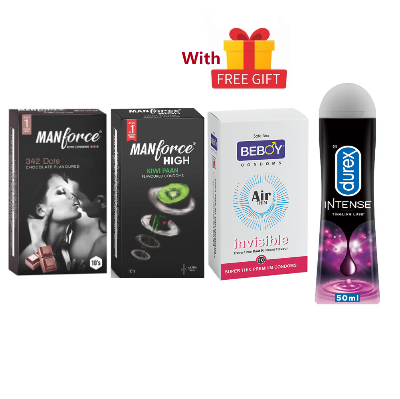 Picture of Manforce Pleasure Combo 3x10 = 30Pcs Condom + Durex Intense Lube Gel 50ml + Manforce High Kiwi Paan 10s + Chocolate 10s + Beboy Air Invisible 10s + Free Gift