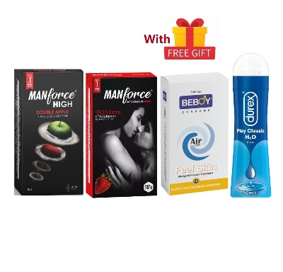 Picture of Manforce High Combo 3x10 = 30Pcs Condom + Durex Play Classic Lube Gel 50ml + Manforce High Apple 10s + Strawberry 10s + Beboy Air Feel Skin 10s + Free Gift