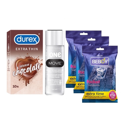 Picture of Durex Intima Care Combo = 19Pcs Condom + Durex Extra Thin Chocolate 10s + One Move Deluxe Lube Gel 60ml + Beboy Dotted Extra Time Paan 9s
