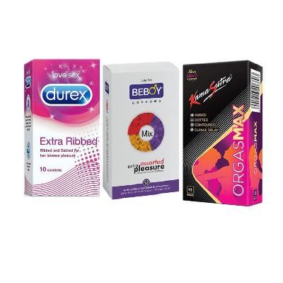 Picture of Durex Orgasmax Combo = 34 Pcs Condom - Durex Ribbed 10s + Kamasutra Orgasmax 12s + Beboy Mixed Assorted 12s