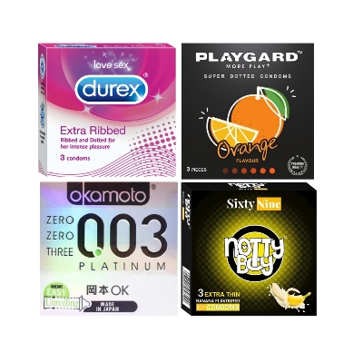 Picture of Durex Fantasy Combo Condom 3x4 = 12pcs - Durex Ribbed 3s + Playgard Orange 3s + Okamoto 003 Platinum 3s + Nottyboy Banana 3s