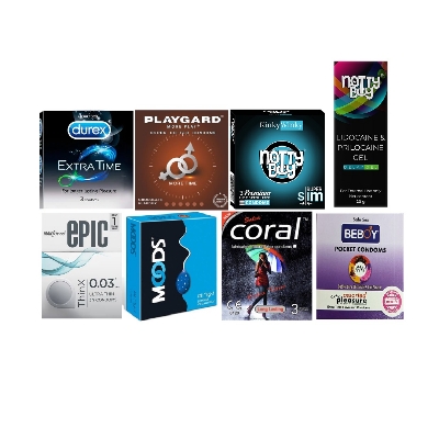 Picture of Durex Pleasure Sensation Combo 3x7 = 21Pcs + Nottyboy Delay Gel + Durex Extra Time 3s + Moods All Night 3s+ Beboy Mixed 3s + Manforce Thinx 3s + Nottyboy Slim 3s + Coral 3s + Playgard 3s