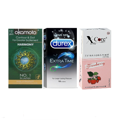 Picture of Durex Game On Combo 3x10 = 30Pcs Condom - Durex Extra Time 10s + Okamoto Harmony Dotted 10s + Xcore Strawberry 10s