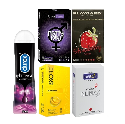 Picture of Durex Real Player Combo 10x4 = 42pcs Condom + Intense Lube Gel 50ml + Skore Banana 10s + Nottyboy Over Time 10s + Beboy Climax 12s + Playgard Strawberry 10s