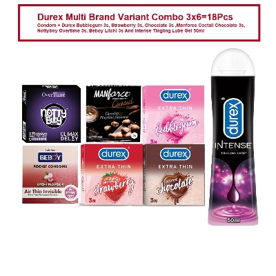 Picture of Durex Multi Brand Variant Combo 3x6=18Pcs Condom + Bubblegum 3s, Strawberry 3s, Chocolate 3s , Manforce Coctail 3s, Nottyboy Over time 3s, Beboy Litchi 3s And Intense Tingling Lube Gel 50ml