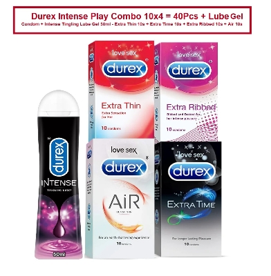 Picture of Durex Intense Play Combo 10x4 = 40Pcs Condom + Lube Gel Intense Tingling Lube Gel 50ml - Extra Thin 10s + Extra Time 10s + Extra Ribbed 10s + Air 10s