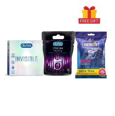 Picture of Durex Sensational Vibes Combo - Invisible Super Thin Condom 3s + Intense Vibe Ring + Gift Beboy Dotted Condom