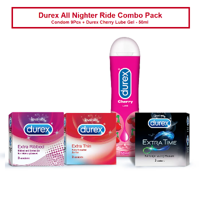 Picture of Durex All Nighter Ride Combo Pack - Condom 9Pcs Extra Time , Extra Thin , Ribbed + Durex Cherry Lube Gel - 50ml