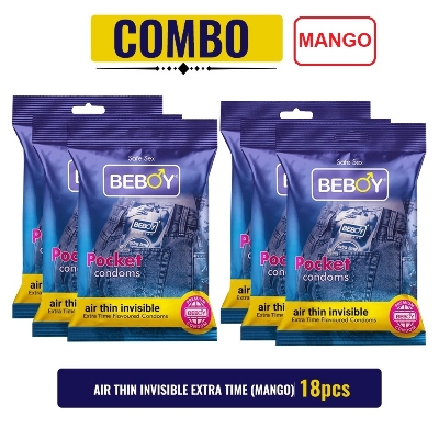 Picture of Beboy Extra Time Air Thin Invisible Condom (Mango Flavoured) Pouch Pack (Combo) 3x6 - 18Pcs (India)