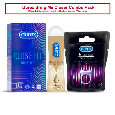 Picture of Durex Bring Me Closer Combo Pack Of Invisible Close Fit Condom - Real Feel Lube Gel - Intense Vibe Ring