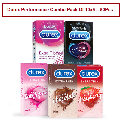 Picture of Durex Performance Combo Pack Of 10x5 = 50Pcs Condom - Extra Thin BubbleGum, Strawberry , Chocolate , Ribbed & Mutual Climax