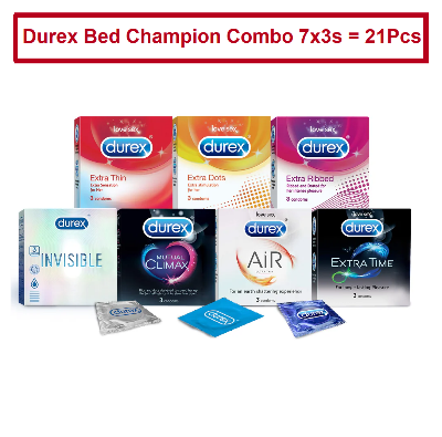 Picture of Durex Bed Champion Combo 3x7s = 21Pcs Condom - Invisible , Extra Dot , Extra Thin, Extra Time, Mutual Climax, Ribbed and Air