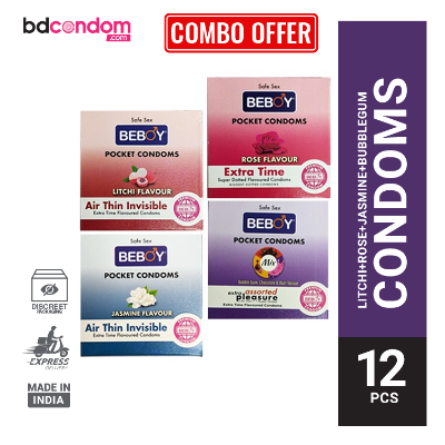 Picture of Beboy Combo Extra Time Ultra Thin , Dotted Condom ( Litchi, Jasmine, Rose Mix Flavoured) 3x4pack- 12PCS