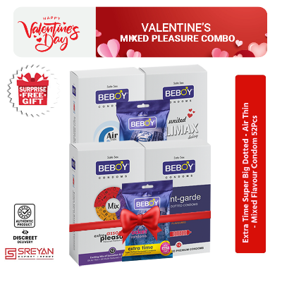 Picture of Beboy Valentine's Mixed Pleasure Combo Pack = Beboy Condom 52Pcs -  Extra Time Dotted , Air Thin Climax , Mixed Flavour - With Gift