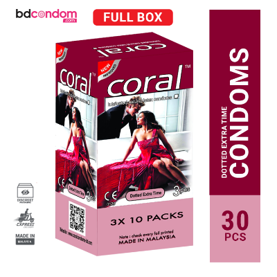 Picture of Coral Dotted Extra Time Lubricated Natural Latex Condom - 30Pcs Full Box