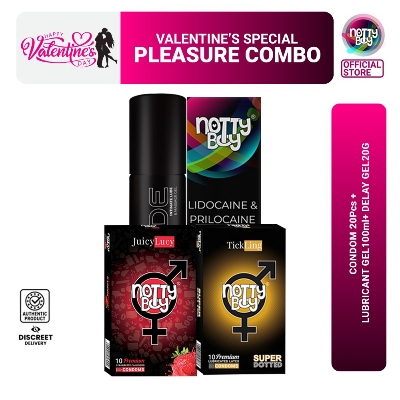 Picture of NottyBoy Valentine's Special Pleasure Combo Pack =  Nottyboy Delay Gel 20g + Lubricant Gel 100ml + Nottyboy Condom Strawberry 10s, Extra Dots 10s