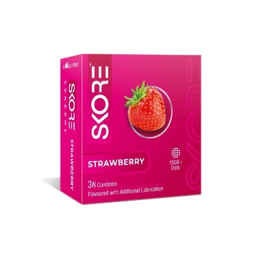 Picture of SKORE Strawberry Flavoured With 1500+ Dots Condom - 3Pcs Pack (India)