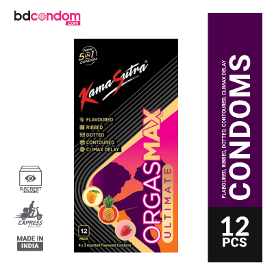 Picture of KamaSutra Orgasmax Ultimate 5 in 1 Dotted ,Ribbed, Contoured, Delay, Flavoured Condom - 12Pcs Pack(India)