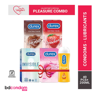 Picture of Durex Condom Valentine's Combo Multi-Variant Pack 10PCSx4Packs = 40Pcs + 200ml Ylang Ylang Lubricant Gel ,Invisible, Chocolate , Bubblegum, Strawberry Condom