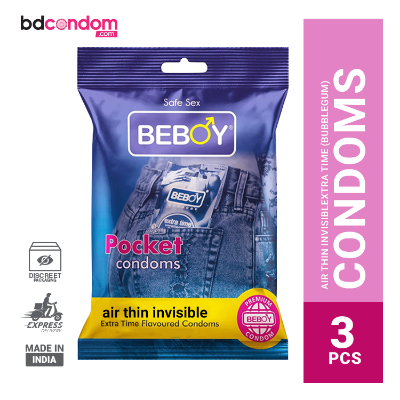 Picture of Beboy Extra Time Air Thin Invisible Condom (BubbleGum Flavour) Pocket Pack- 3Pcs(India)