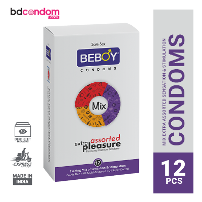Picture of Beboy Mix Extra Time Assorted Dotted-Ribbed-Contoured-Bulged (Mix Flavoure) Condom - 12Pcs Pack(India)