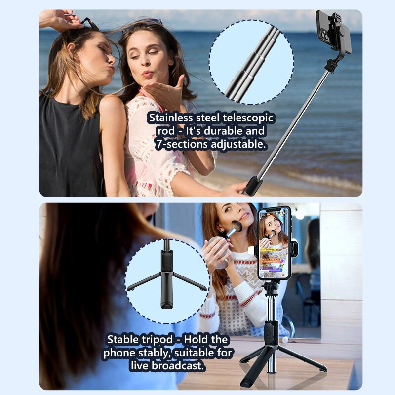 Picture of Q07 Selfie Stick Foldable Mini Tripod with Fill Light Bluetooth Remote Shutter Retractable Rod for Phone (100cm)