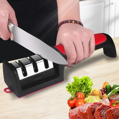 Picture of Kitchen 3-Segment Knife Sharpener Household Multi-Functional Hand-Held 3-Purpose Black Sharpening Stone