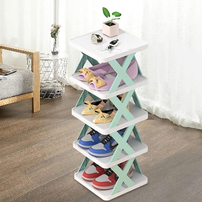 Picture of Creative 5-layer Shoe Rack Storage Organizer Simple Plastic Household Multi-function Space-saving Folding Shoe Stacker Shelf Large Size (30x28x17.5cm)cm