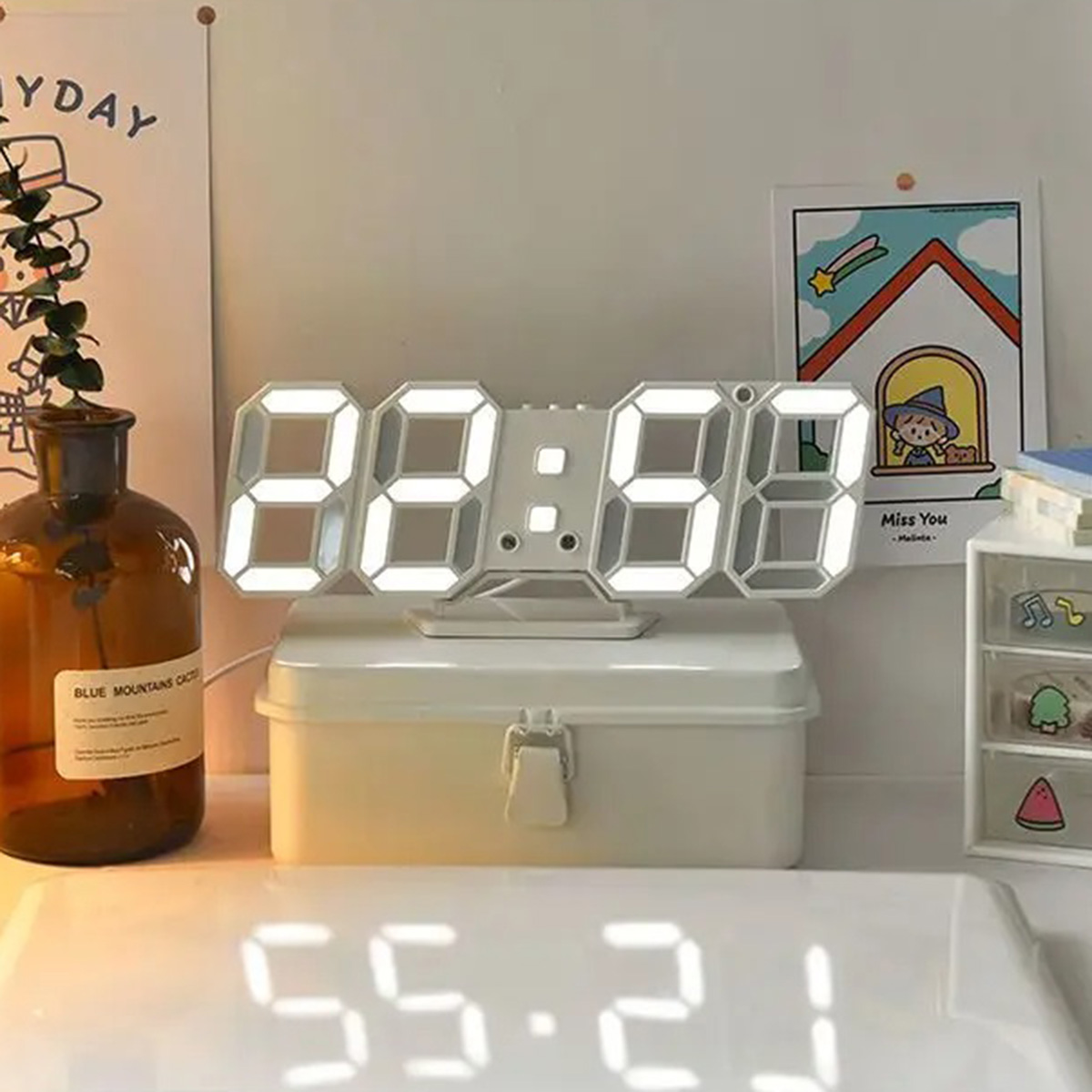 Picture of 3D Digital Wall Clock LED Table Clock Time Alarm Temperature Date Sound Control Night Light With Button Control Clock ( Only White Color) - D Shop