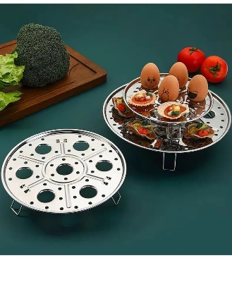 Picture of D Shop 18cm Round Stainless Steel Steamer with Water Separation Design for Cooking Steamed Foods, Detachable Egg Steaming Rack Included