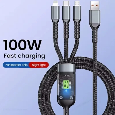Picture of 3-in-1 100W 5A Fast Charging USB To Type-C Micro Fast Charger Cable For iPhone 15 14 Samsung Xiaomi Huawei