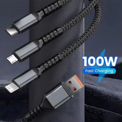 Picture of 3-in-1 100W 5A Fast Charging USB To Type-C Micro Fast Charger Cable For iPhone 15 14 Samsung Xiaomi Huawei
