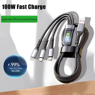 Picture of 3-in-1 100W 5A Fast Charging USB To Type-C Micro Fast Charger Cable For iPhone 15 14 Samsung Xiaomi Huawei