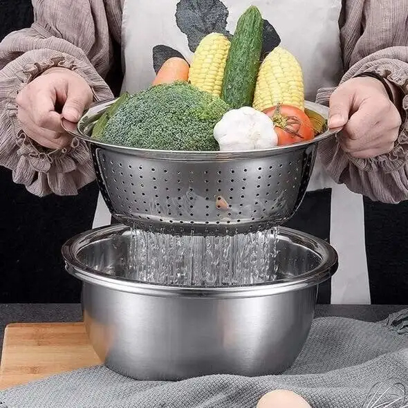 Picture of Germany Multifunctional Stainless Steel Basin Set Mixing Bowl Set Grater Bowl 3 In 1 Salad Maker Bowl Mixing Bowl Set With Drain_D Shop