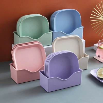Picture of 10Pcs Square Wheat Straw Plates Salad Bowl Reusable Food Serving Dishes with Rack_D Shop